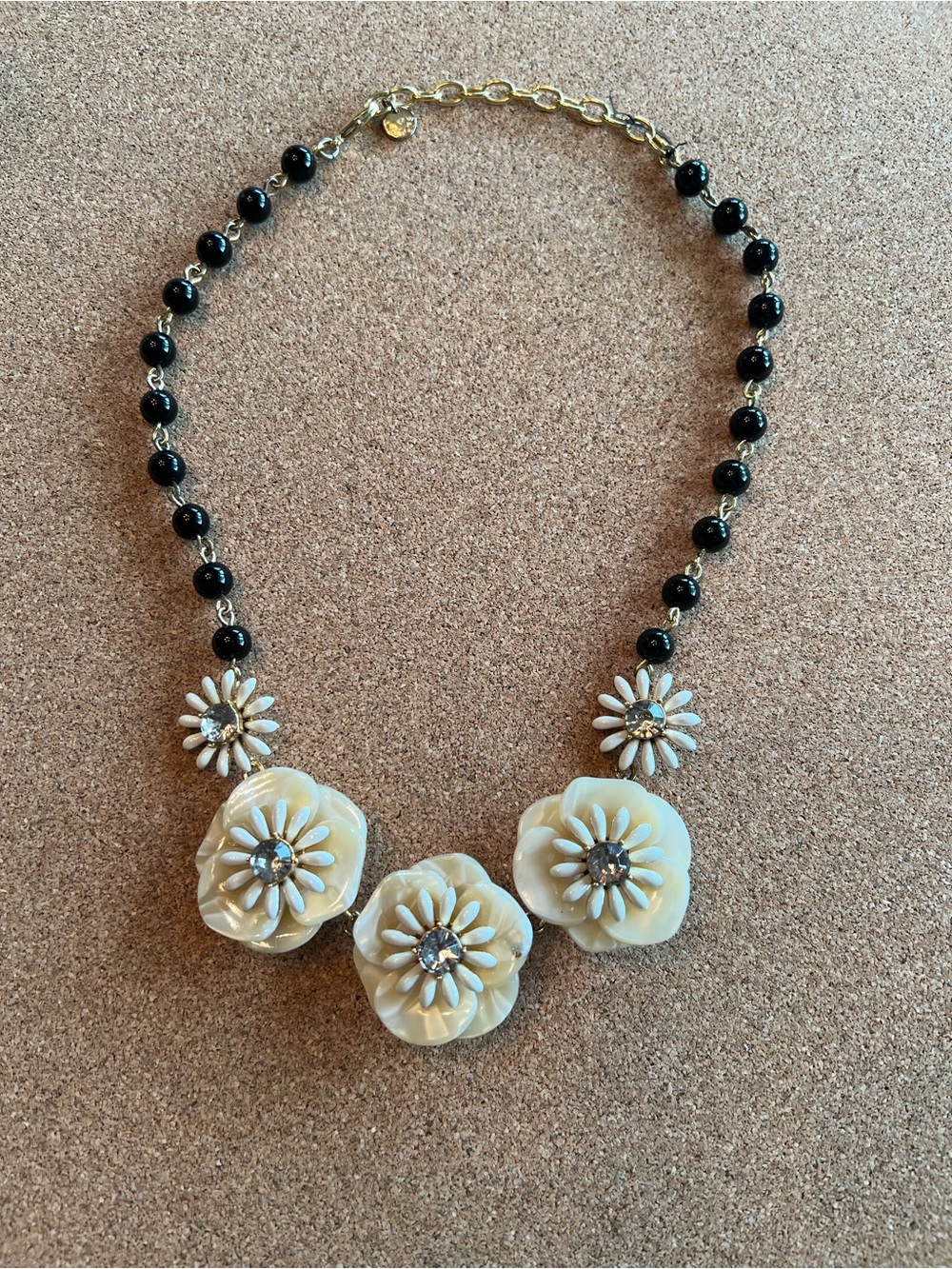 Talbots Cream Floral Statement Necklace with Black Bead Chain
